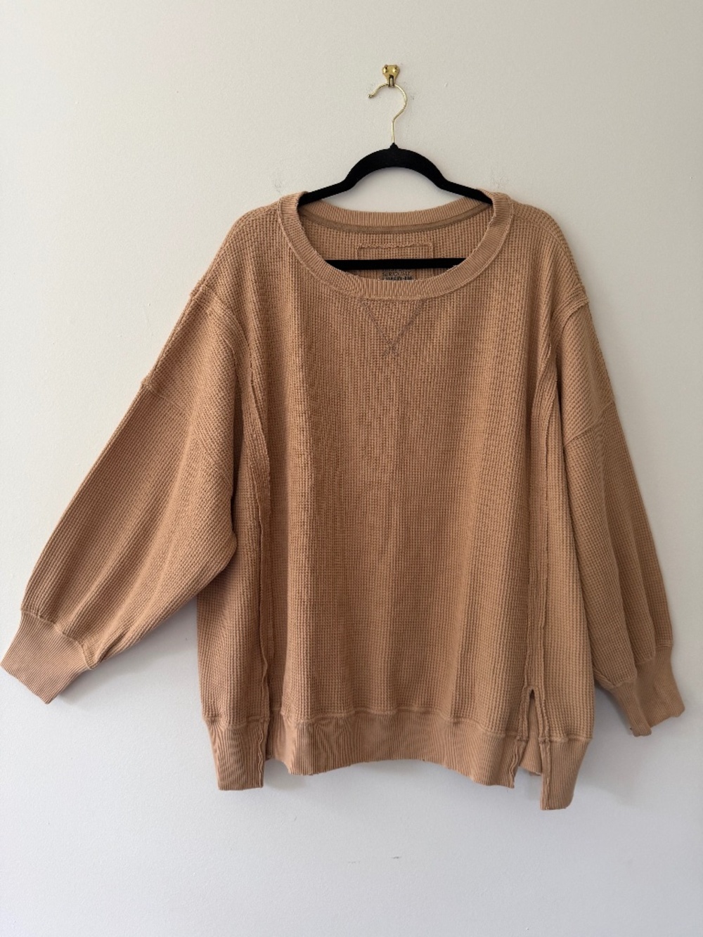 American Eagle Big Hug Waffle Sweatshirt Tan Thermal Oversized Lounge Casual